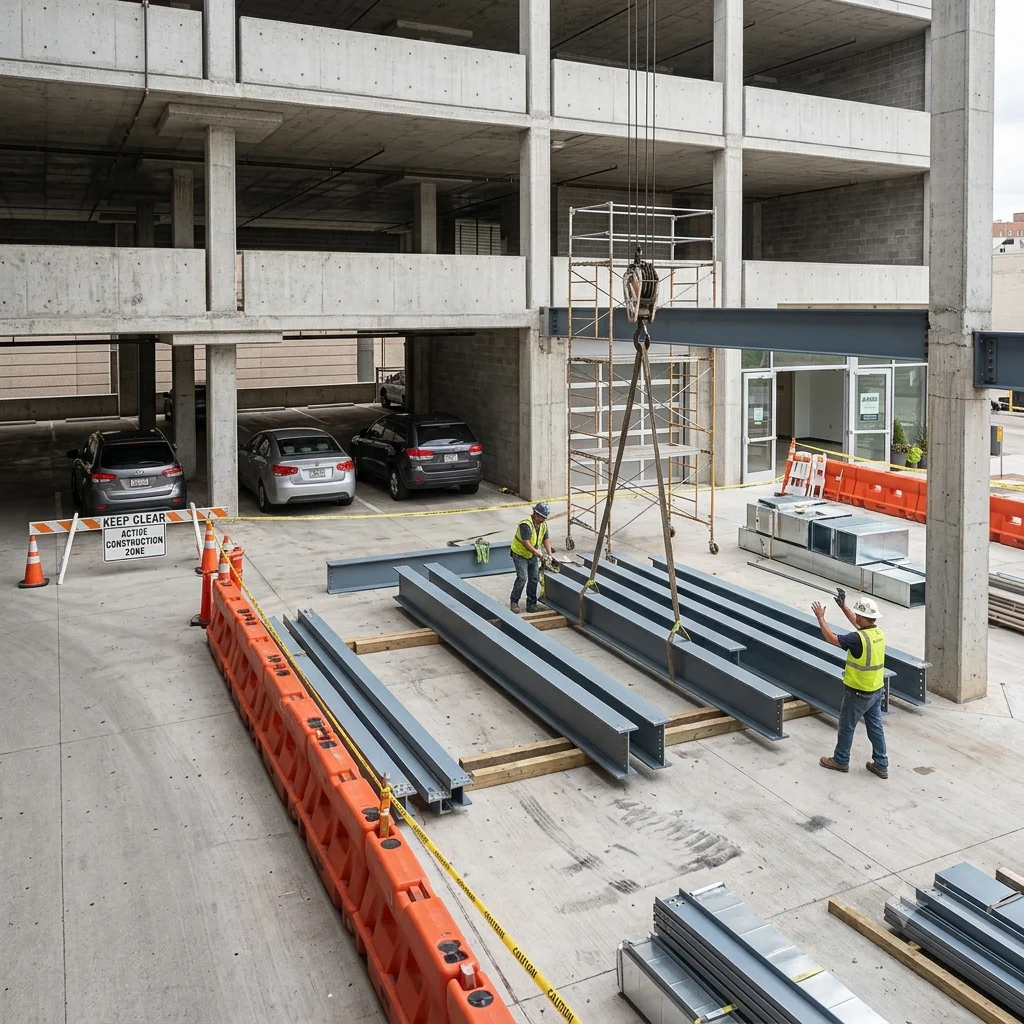 Crews stage the work around parking areas